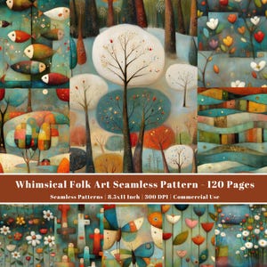 May include: A digital collection of 120 pages featuring seamless patterns with folk art motifs including stylized trees, colorful fish, abstract flowers, butterflies, and wavy landscapes in shades of blue, orange, red, and white, labeled 8.5x11 inch.