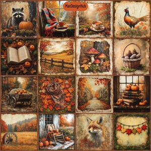 May include: A collage of autumn-themed images, including a raccoon with a pumpkin, a book with fall leaves, a forest scene, mushrooms, a basket of pine cones, a wagon with pumpkins, a scarf on leaves, a country road, a stack of books with pumpkins, a rocking chair on a porch, a fox, and a garland of fall leaves.
