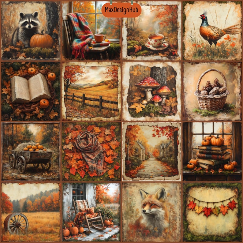 May include: A collage of autumn-themed images, including a raccoon with a pumpkin, a book with fall leaves, a forest scene, mushrooms, a basket of pine cones, a wagon with pumpkins, a scarf on leaves, a country road, a stack of books with pumpkins, a rocking chair on a porch, a fox, and a garland of fall leaves.