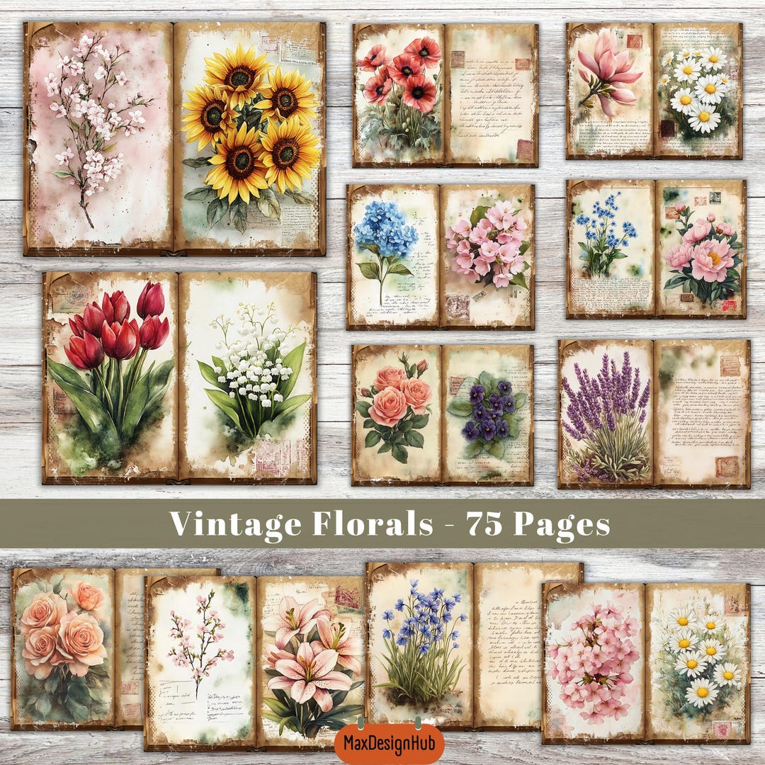 Vintage Floral Junk Journal Kit: 75 Printable Ephemera Pages (digital ...
