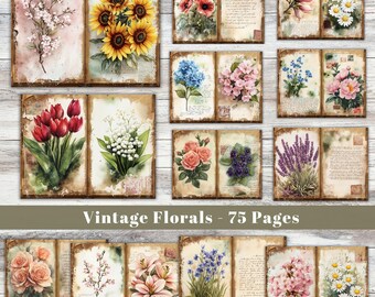 May include: A selection of vintage floral illustrations presented as open book pages. The images showcase watercolour paintings of diverse flowers, such as sunflowers, tulips, and roses. The text "Vintage Florals - 75 Pages" is displayed at the bottom of the image.