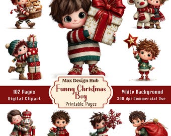 Christmas Boy Clipart JPG Bundle, Whimsical Holiday Kids, Winter Character, Journal Scrapbook Card Making