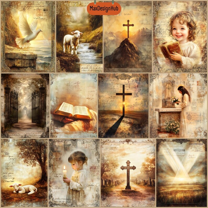 Może przedstawiać: Kolaż 12 obraz&oacute;w o tematyce religijnej. Obrazy przedstawiają gołębia, jagnię, krzyż, bramę, Biblię, zach&oacute;d słońca, cmentarz, świecę i małą dziewczynkę.