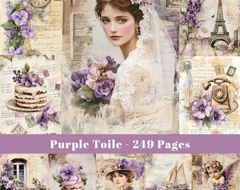 Purple Toile Junk Journal Paper: Shabby Chic Ephemera (Digital Download)