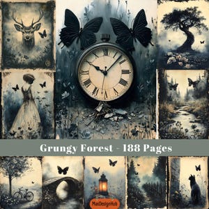 Forest Junk Journal, grungy papier, afdrukbare afbeelding, plakboekpapier, digitaal papier, natuurcollage, donker bos, vintage botanisch