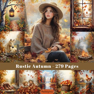 Könnte beinhalten: Eine Collage von Illustrationen zum Thema Herbst. Das zentrale Bild zeigt eine Person in einem Pullover und Hut, umgeben von Herbstblättern. Weitere Bilder zeigen eine Laterne, ein Pferd, ein Fenster, ein Lagerfeuer und Kinder, die in Blättern spielen. Der Text lautet "Rustic Autumn - 279 Pages."