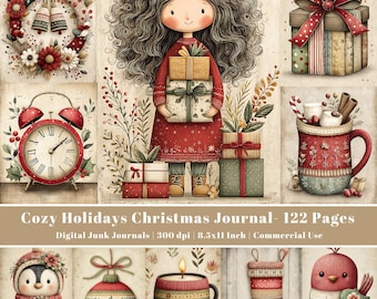 May include: A digital collage featuring Christmas-themed illustrations. The artwork includes a wreath, a girl holding gifts, a red alarm clock, a gift box, a mug of hot cocoa, a penguin, an ornament, a candle, a stocking, and a bird. Text: "Cozy Holidays Christmas Journal - 122 Pages".