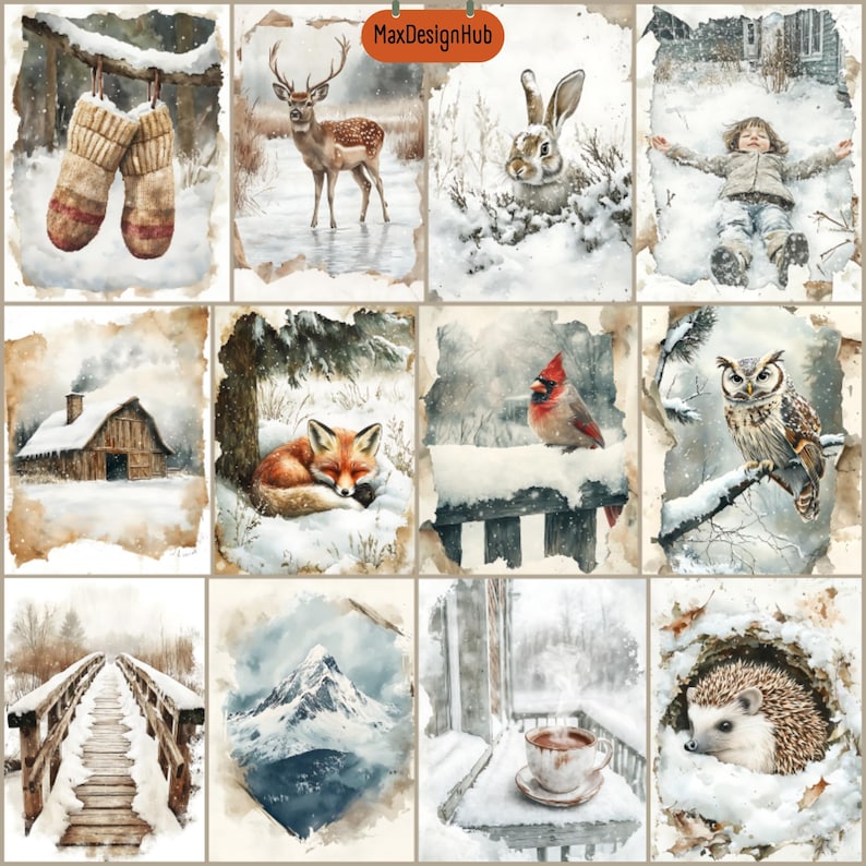 Rustic Winter Scenes: Junk Journal Pages, Scrapbook Paper (digital ...