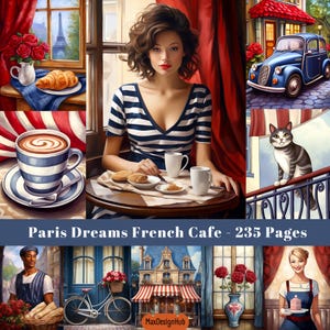 Parisian Cafe Pages, pagina met ongewenste dagboeken, Parijs, koffie, cake, bakkerij, wijn, Frans ontbijt, digitaal papier, afdrukbare afbeelding, plakboek,