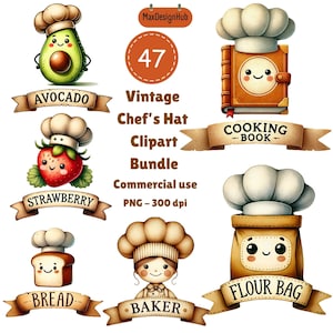 47 PNG Chapéu de Chef Vintage Bonito, Clipart de Comida, Pacote de Clipart de Chapéu de Chef, Arte de Padeiro, Clipart de Cozinha, Design PNG de Cozinha, Garoto PNG