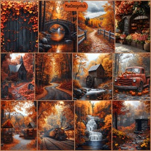 May include: A collage of autumn-themed images. Scenes include a wooden fence, a stone bridge over a river, a path through a forest, a church, a winding road, a water mill, a red truck with pumpkins, a Ferris wheel, a train, a waterfall, and a stone structure.