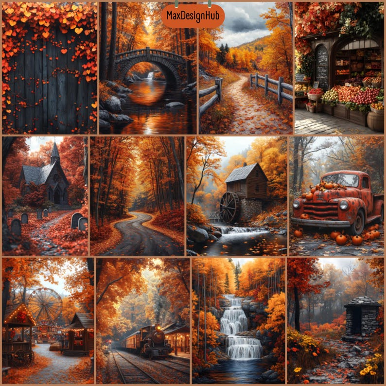May include: A collage of autumn-themed images. Scenes include a wooden fence, a stone bridge over a river, a path through a forest, a church, a winding road, a water mill, a red truck with pumpkins, a Ferris wheel, a train, a waterfall, and a stone structure.