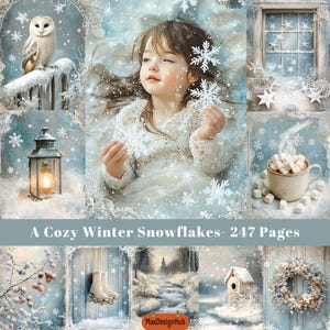 Gezellig digitaal papier wintersneeuwvlokken: plakboekpagina&#39;s met ongewenste dagboeken (digitale download)