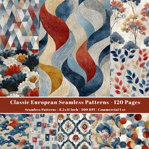 Può includere: Una collezione digitale di 120 pagine con motivi europei classici senza cuciture in formato 21,59 x 27,94 cm. Le immagini mostrano vari design tra cui triangoli geometrici, onde fluide, motivi floreali e cerchi astratti nei colori rosso, blu e oro.