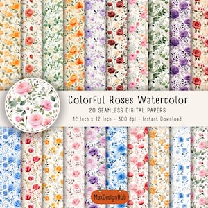 20 Colorful Roses Watercolor Printable Paper - Seamless Shabby Chic Floral Pattern – Vintage Scrapbook Paper – Instant Digital Download