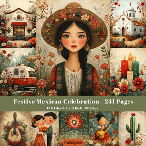 Páginas festivas mexicanas, página de diario basura verde, temporada festiva, página de álbum de recortes, manualidad de papel, papel digital, imagen imprimible, uso comercial