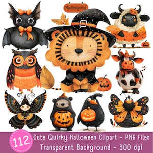 Watercolor Halloween Clipart: 112 Quirky Animals PNG (Commercial Use)