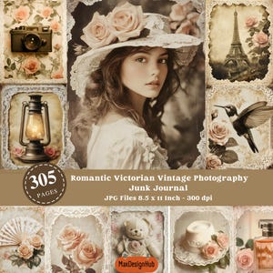 Romantische Victoriaanse vintage fotografie Afdrukbare pagina ongewenste dagboek, Victoriaans portret, kaarten fotografie, Lace Junk Journal Paper