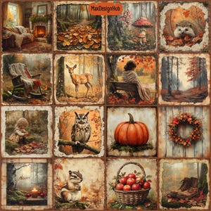 May include: A collage of 16 autumn-themed images, including a cozy living room with a fireplace, a deer in the woods, a pumpkin, a squirrel, a basket of apples, a wreath, a hedgehog, an owl, a woman sitting on a bench, and a forest scene.