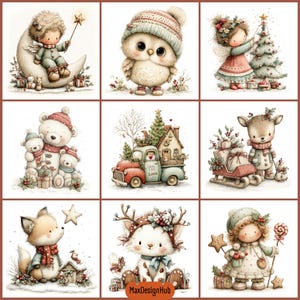 May include: A collection of nine watercolour-style illustrations featuring Christmas-themed characters including an angel on a moon, a baby owl, a child decorating a tree, polar bears, a vintage truck, a reindeer with a sleigh, a fox, a cat, and a child.