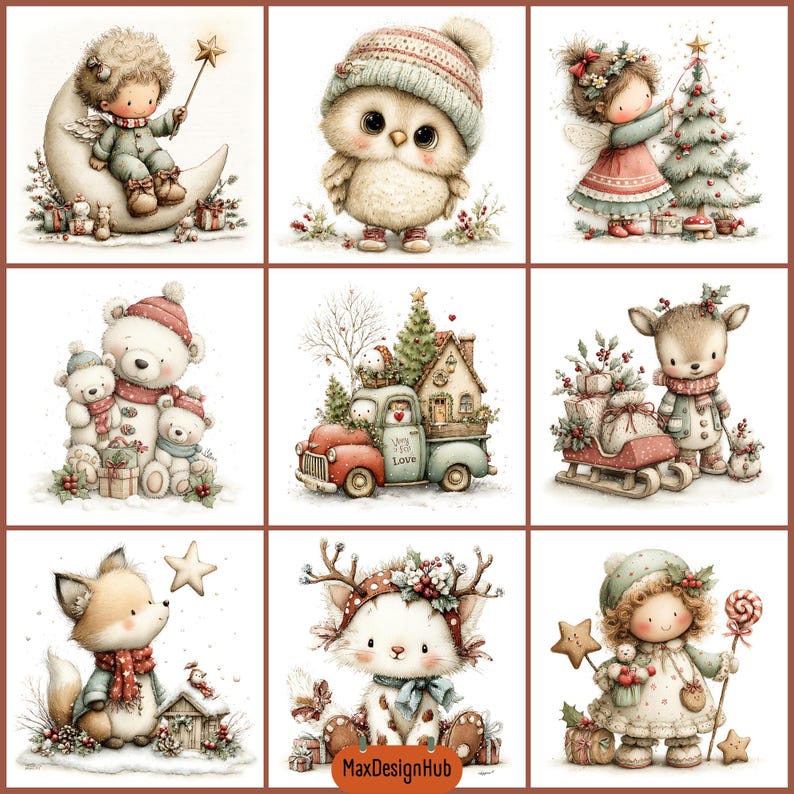May include: A collection of nine watercolour-style illustrations featuring Christmas-themed characters including an angel on a moon, a baby owl, a child decorating a tree, polar bears, a vintage truck, a reindeer with a sleigh, a fox, a cat, and a child.