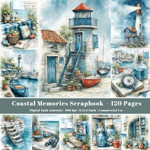 Peut inclure: Illustrations à l'aquarelle d'un scrapbook sur le thème côtier. Les images comprennent un phare, des bateaux et des scènes de bord de mer. Le texte indique "Coastal Memories Scrapbook - 120 Pages".