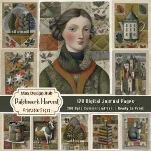 May include: A collection of 120 digital journal pages titled Max Design Hub Patchwork Harvest. The images feature a portrait of a person, a teapot, a village, stars, a mug, a cow, trees, books with a candle, and a cat, all in a patchwork style.