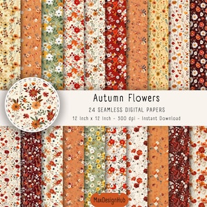 Carta digitale stampabile con fiori autunnali in acquerello, modello autunnale, diario spazzatura autunnale, creazione di biglietti, carta per scrapbooking, arte digitale