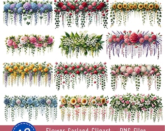 48 Watercolor Flower Garland Clipart, Floral Clipart, Floral Garland, Floral Graphics, Bunting Banner Clipart, Wedding Card, Commercial Use