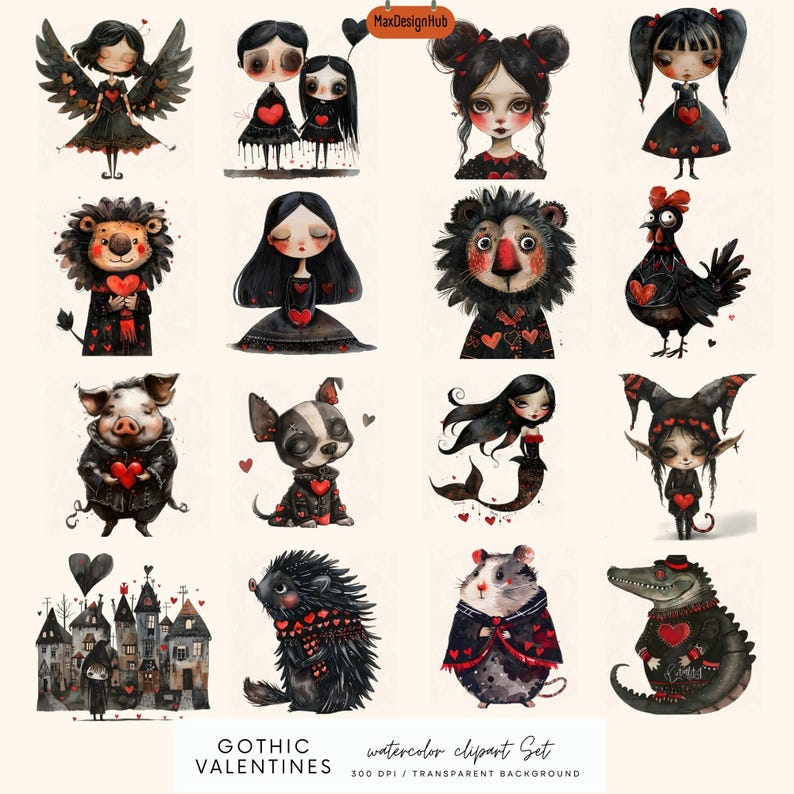 May include: A set of 16 watercolour illustrations featuring gothic-themed characters and animals. Each character is holding a red heart and is dressed in black with red accents. The illustrations are set against a white background.