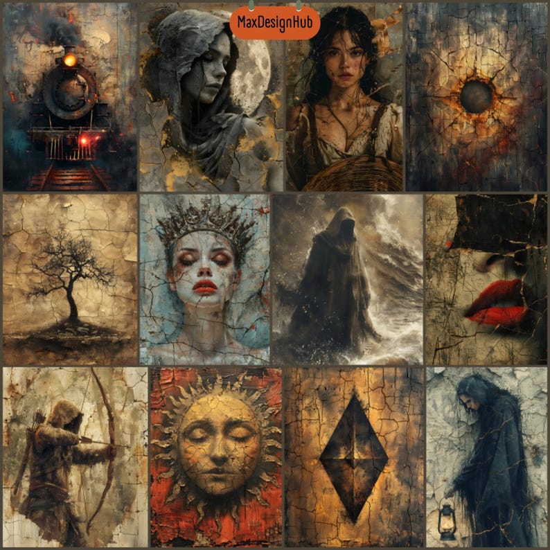 May include: A collage of 10 images with a dark, gothic, and mysterious theme. The images include a train, a woman with a hood, a woman with long hair, a dark sky with a sun, a woman with a crown, a hooded figure, a woman's lips, a sun with a face, a diamond shape, and a woman with a lantern.