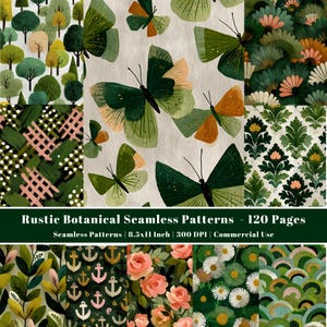 Rustic Botanical Seamless Patterns, Handcrafted Repeating Digital Paper, Vintage Floral & Geometric Tileable Backgrounds