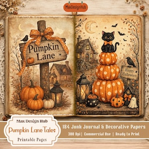 May include: An open book featuring Halloween-themed illustrations. The left page shows a wooden sign labeled Pumpkin Lane with a polka-dot bow, pumpkins, and a house. The right page displays a black cat atop three pumpkins, a lantern, and a sign reading Happy Halloween.
