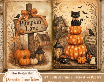 Pumpkin Lane Tales Junk Journal Kit, Cozy Halloween Printable Pages, Autumn Papers, Witchy Ephemera