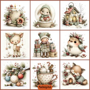 May include: A grid of nine Christmas-themed illustrations featuring a lit candle, a rabbit in a snow globe, a cottage, a fawn, a child with gifts, a bird with holly, ornaments on a pine branch, a mug with candy canes, and a fox by a fireplace.