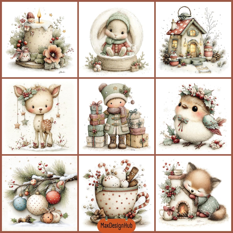 May include: A grid of nine Christmas-themed illustrations featuring a lit candle, a rabbit in a snow globe, a cottage, a fawn, a child with gifts, a bird with holly, ornaments on a pine branch, a mug with candy canes, and a fox by a fireplace.