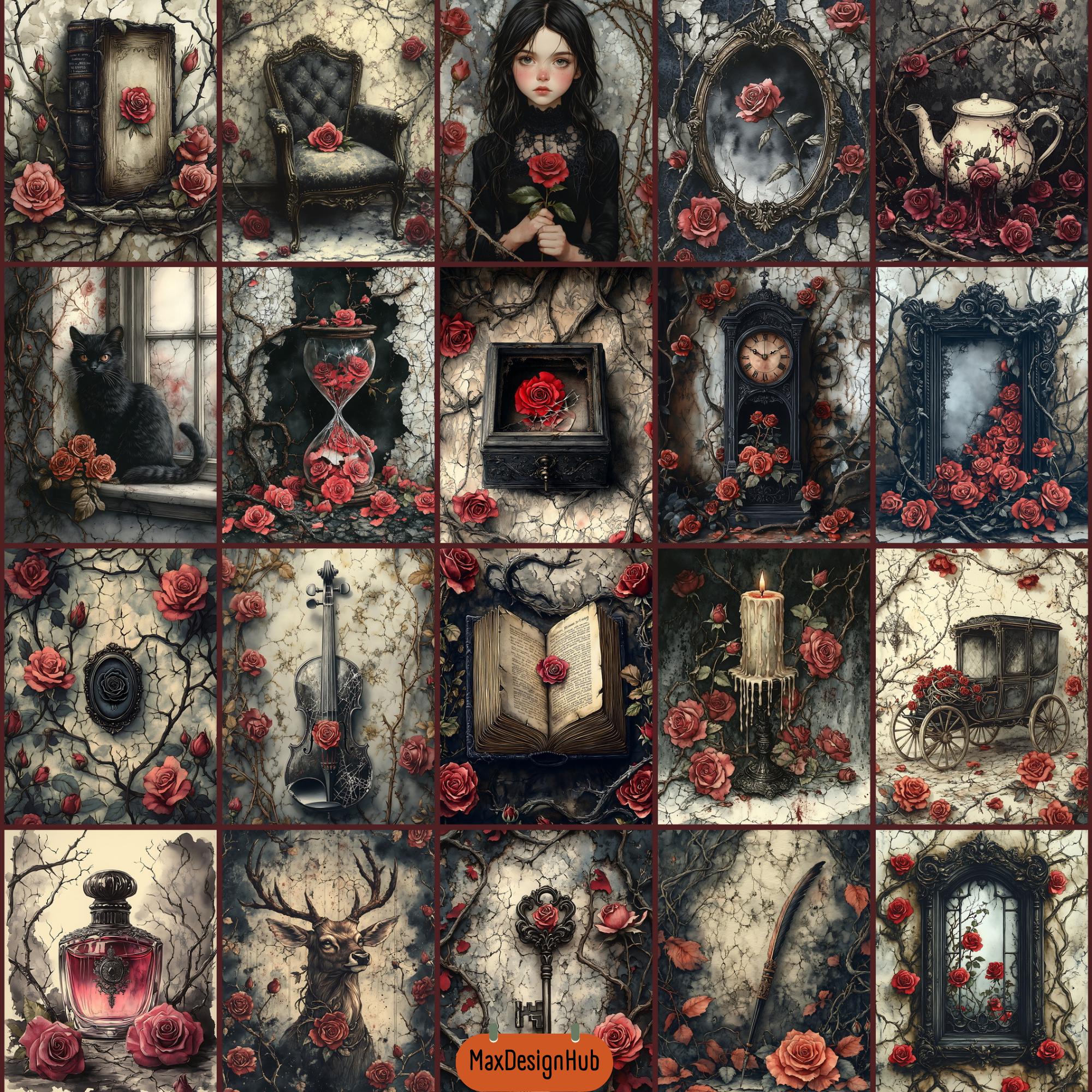Gothic Romantic Rose Junk Journal Pages, Dark Floral Vintage Ephemera ...