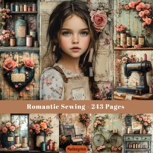 Costura romántica, páginas de diario basura, diario de costura, material efímero para máquina de coser, hoja de collage, papel digital, kit de papel para álbum de recortes digital
