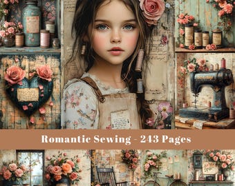 May include: A collage featuring a young girl with a rose in her hair, surrounded by sewing-themed imagery. The image includes spools of thread, vintage sewing machines, and floral arrangements. Text reads "Romantic Sewing - 243 Pages."