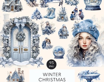 May include: A set of 93 watercolor winter Christmas clipart images. The images include a blue door with a wreath, a snow globe, a blue house, a blue bench, a fireplace, a Christmas tree, a Santa Claus, a woman with blue hair, and a couple holding hands.