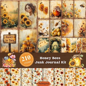 Könnte beinhalten: Ein digitales Collage-Set mit 210 Elementen mit Honigbienen, Honigwaben, Sonnenblumen, Honiggläsern und Blumenmustern. Das Set trägt den Titel "Honey Bees Junk Journal Kit".