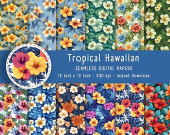 Tropical Hawaiian Floral Seamless Patterns: Scrapbooking Paper (Digital Download)