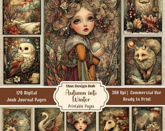 Autumn into Winter Junk Journal Pages, Vintage Woodland Printable, Seasonal Storybook Art, Forest Animals