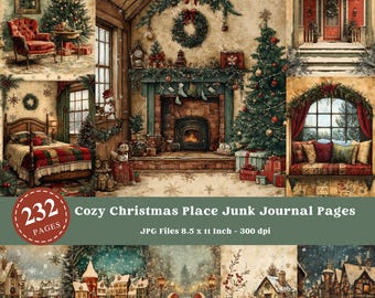 May include: A digital collage of 232 cozy Christmas themed junk journal pages. The pages feature images of a fireplace, a Christmas tree, a snowy village, and a snowman. The text "Cozy Christmas Place Junk Journal Pages" and "JPG Files 8.5 x 11 Inch - 300 dpi" is included in the image.