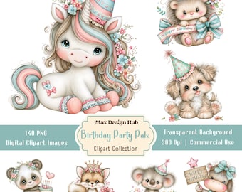 Birthday Party Pals Clipart, Pastel Animal PNG, Baby Graphics, Floral Celebration Designs, Scrapbook Craft