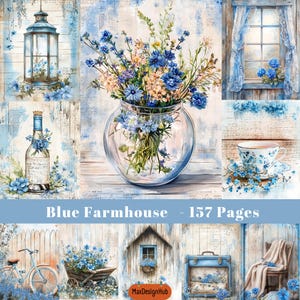 Blauwe boerderij, Junk Journal, Shabby Chic, Platteland, Rustiek, Cottage, Bloemen, Plakboekbenodigdheden, Digitaal papier, Afdrukbare afbeelding