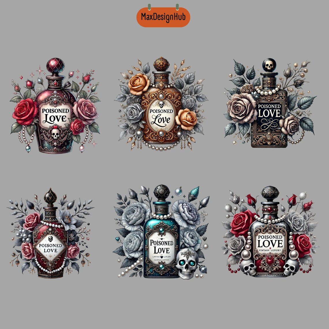 Vintage Gothic Perfume Bottle Clipart: Watercolor Potions (PNG ...