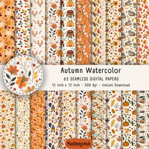 Autumn Watercolor Printable Digital Paper, Autumn Pattern, Fall Leaves Junk Journal, Card Making, Scrapbooking Paper, Digital Art