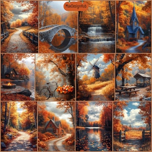 May include: A collage of autumn landscape paintings featuring scenes of nature. The images include a winding path, a stone bridge, a waterfall, a church, a cabin, a bicycle with flowers, a windmill, a picnic area, and a lake.