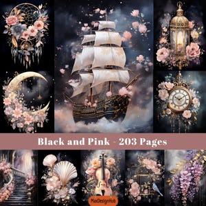 Página de diario basura, papel digital, imagen imprimible, efímera vintage, páginas florales, álbum de recortes, descarga digital, estilo shabby chic en negro y rosa